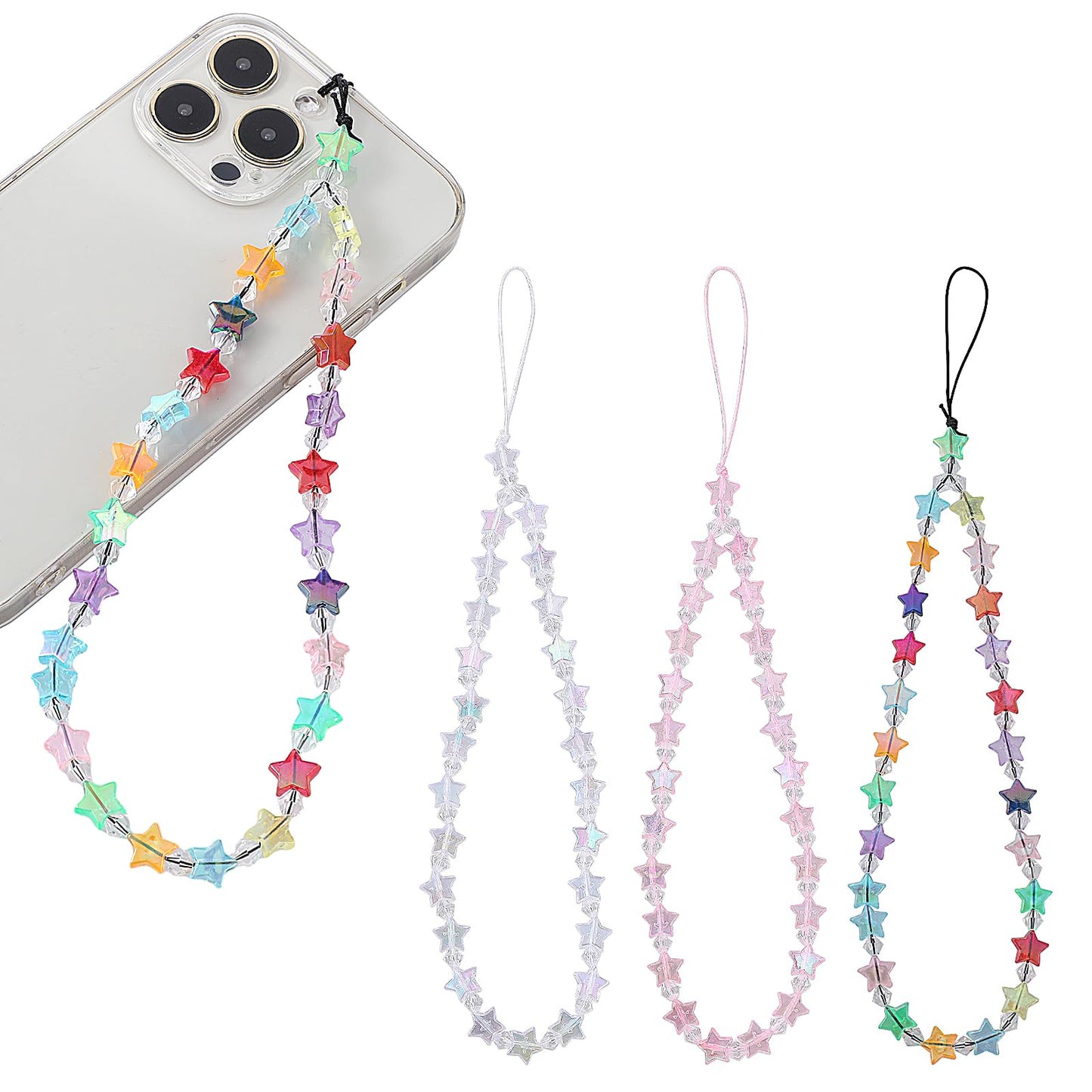 TIESOME 3Pcs Star Phone Charms Strap, Bling Pentagram Cell Phone Chain, Y2K Beaded Phone Charm Wrist Cute Mobile Phone Bracelet Aesthetic Phone Hanging Lanyard for Women Girls(A)
