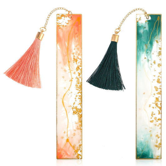 Book Bookmarks for Women, 2pcs Dried Flower Resin Bookmarks Transparent Floral Bookmarks with Colorful Silk Tassels, Gifts for Women Girls Children's Book Lovers (Dark Green Gilt + Pink Gilt)
