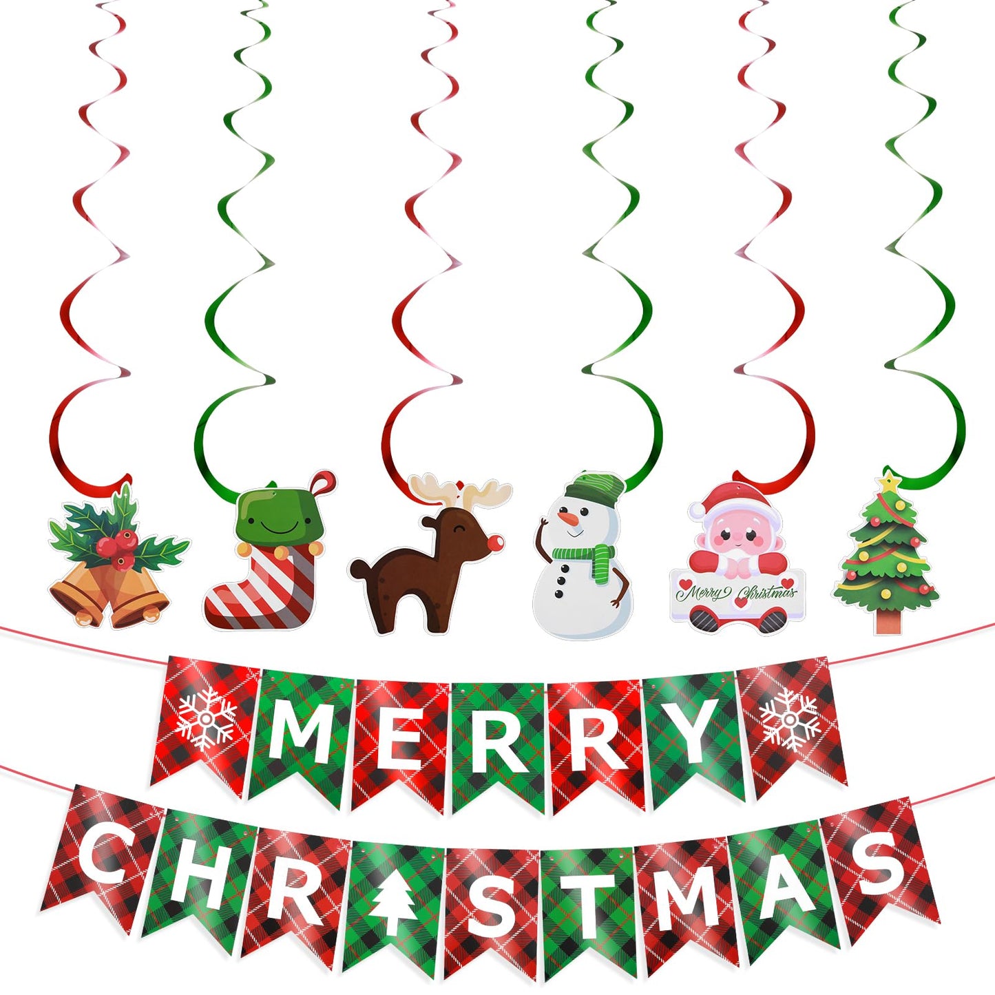 Amaxiu Merry Christmas Banner, Red Green Plaid Christmas Banner with Spiral Ribbons Indoor Xmas Signs Christmas Party Hanging Decorative Banner for Wall Fireplace Holiday New Year Party Supplies