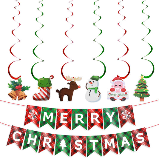 Amaxiu Merry Christmas Banner, Red Green Plaid Christmas Banner with Spiral Ribbons Indoor Xmas Signs Christmas Party Hanging Decorative Banner for Wall Fireplace Holiday New Year Party Supplies