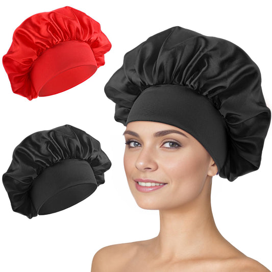 Amaxiu 2pcs Satin Bonnet for Sleeping, Silk Hair Bonnet with Wide Elastic Band Caps Silk Sleep Hair Caps Wrap Satin Head Cover Shower Caps for Women Makeup Hair Protection(Black+Red)