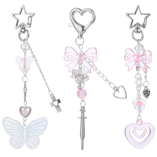 AOZUO Aesthetic Y2k Keyring, Cute Mobile Phone Pendant Accessories, Star Butterfly Keyring for Backpacks, Bag Pendants, Gifts for Girls and Women, Pink and White, 13x4.2cm/5.11x1.65inch