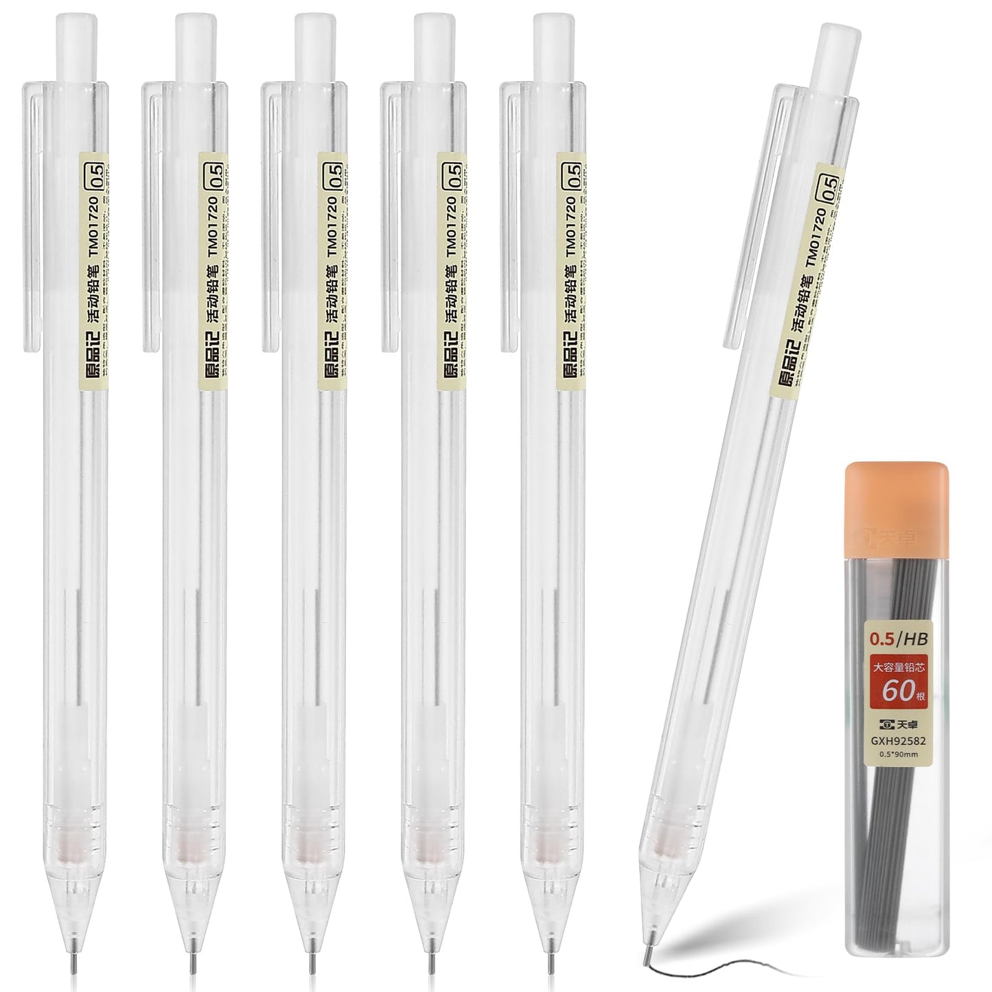 TIESOME 6PCS Transparent Mechanical Pencil Set, Mechanical Pencils 0.5 with 1 Tube HB Refill Aesthetic Artist Pencil Set Retractable Pencil for Student Writing Drafting, Drawing, Sketching