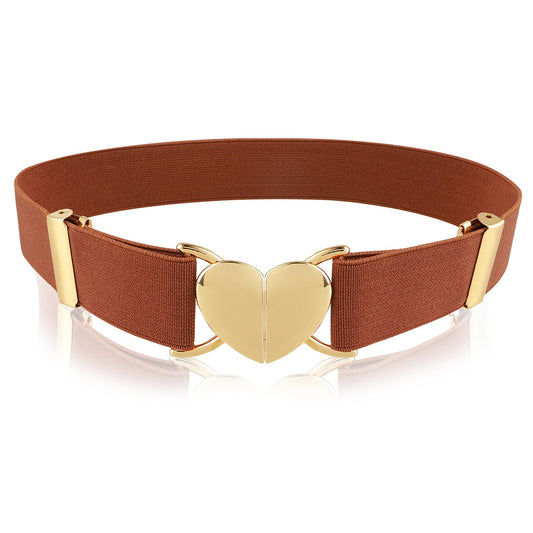 Andibro Heart Elastic Waist Belts for Girls, Adjustable Woven Stretch Belt Fashion Metal Heart Buckle Waistband for Women(Brown)