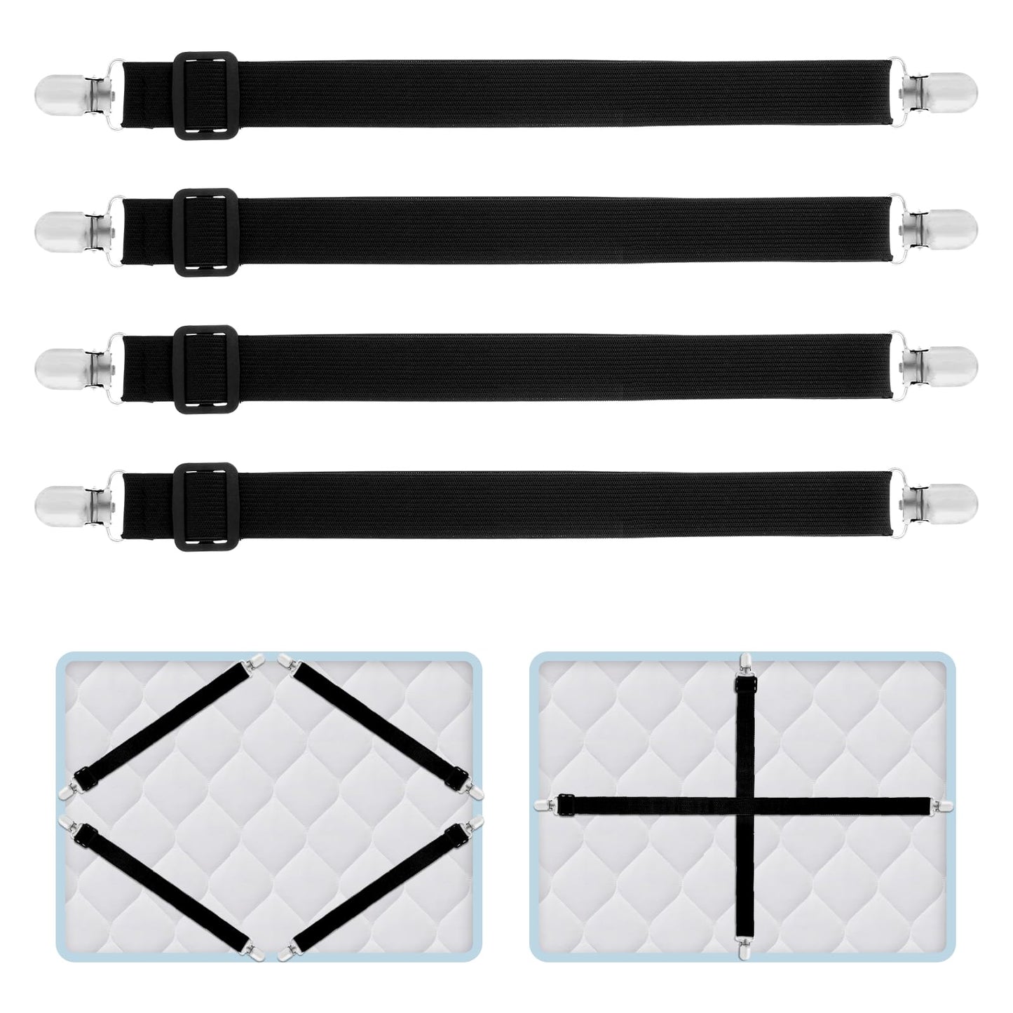 TIESOME Adjustable Bed Sheet Straps, 4Pcs Elastic Nylon Fitted Sheet Strap Clips Sheet Corner Straps Holder Mattress Clips Bedsheet Fasteners Bed Sheet Grippers Sheet Tensioners with Metal Clip(Black)