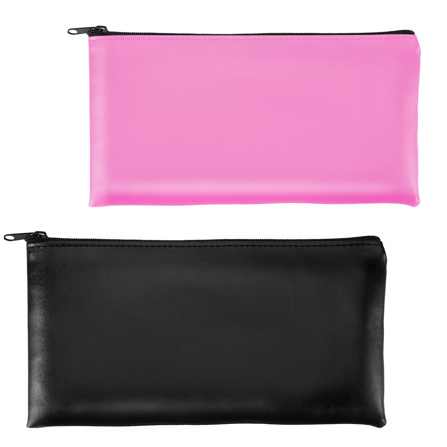 TIESOME 2Pcs Money Bag, PU Leather Money Bags with Zipper for Cash Bank Bag Money Pouch Money Holder for Cash Coins Cosmetics Bills (Black+Pink)