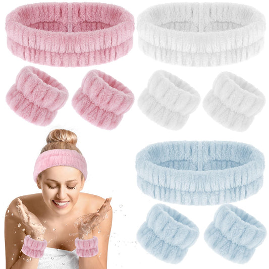 Cobee 9 PCS Face Wash Headband Wristbands, Soft Stretchy Headband and Wristband Set for Washing Face Keep Water from Running Down Your Arms Women Hairbands Wrist Set for Bath Makeup(Solid Color)