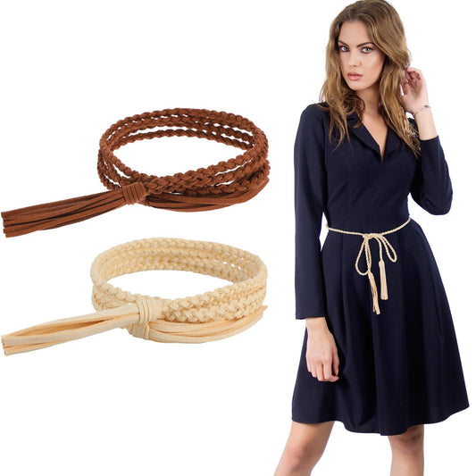 TIESOME 2 PCS Skinny Rope Belts for Women, Braided Tassel Belt Cowgirl Waist Belt PU Vintage Belt Woven Dress Waistband