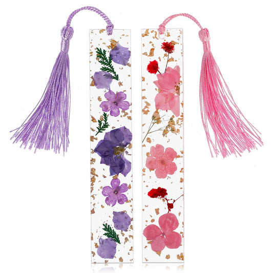 AOZUO 2 Pcs Flower Bookmark, Resin Dried Flower Bookmarks Transparent Pressed Flower Book Mark Handmade Flower Page Marker Cute Bookmark with Tassel for Reading Women Book Lovers Gift (Purple+Pink)