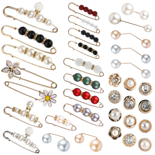 Amaxiu 35PCS Pearl Brooch Pins, No Sewing Pant Waist Tightener Sweater Shawl Hat Clip Neckline Pins Safety Pins Brooches Women Shirt Brooch Buttons Waist Pants Extender Safety Pins