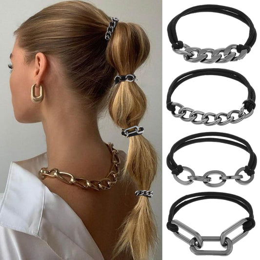AOZUO 4 Pack Gold Women Hair Elastics Elastic Bands Metal Hair Bands Ponytail Holder Hair Accessories Rubber Hair Bands (Black)