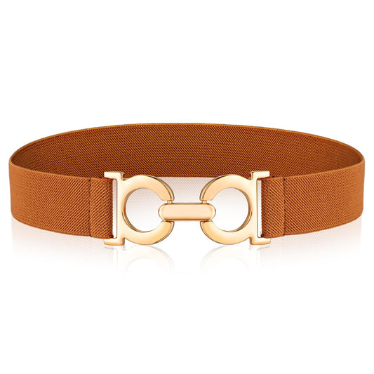 Amabro Women Elastic Belt, Stretchy Belt with Gold Buckle Waist Band for Ladies Retro Waist Belt for Dresses Jeans Pants(Brown)