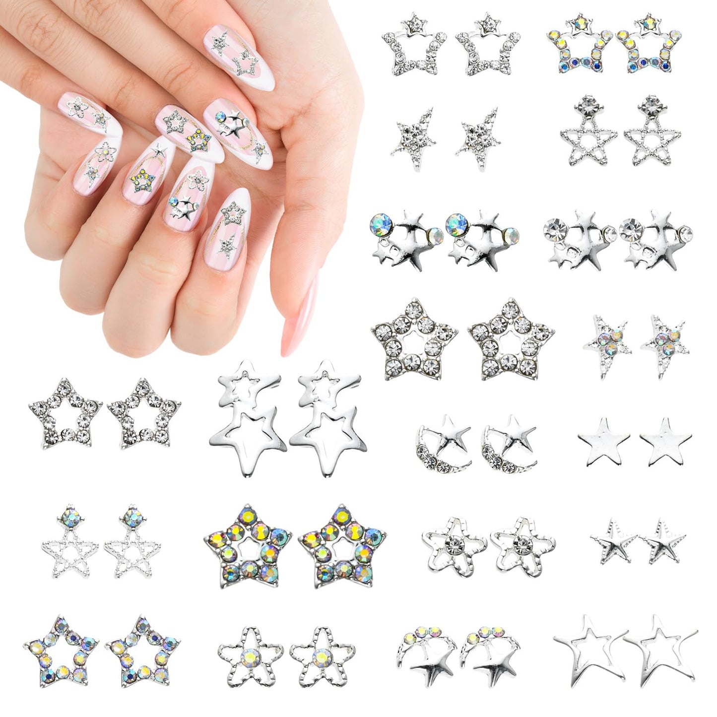 TIESOME 40 Pcs Star Nail Art Charms, 20 styles 3D Star Nail Gems Charms Sliver Metal Manicure Supplies Cute Rhinestones Nail Art Decor Nail Art Decorations Accessories for Nails Face Makeup Crafts DIY