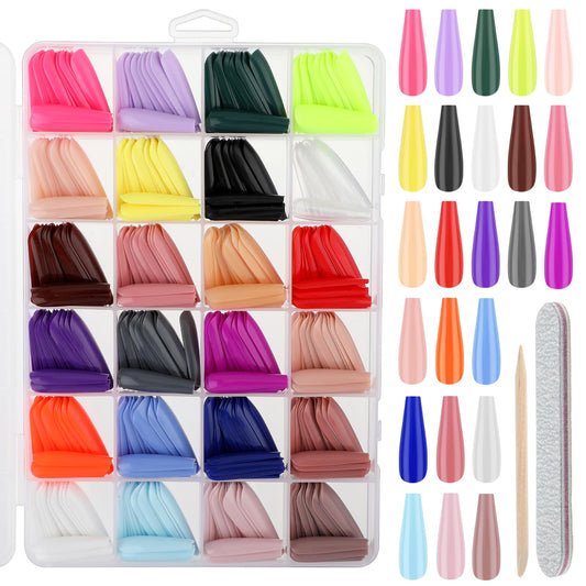 Andibro 576Pcs Press on Nails Set, 24Colors False Nails Medium Length Coffin Press On Nails Full Cover Stick on Nails Fake Nails Kit Tips Light Artificial Nails for Women Girls Nails Art Decoration(A)