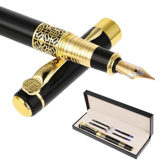 Amaxiu Luxury Metal Fountain Pen Set, Medium Nib Business Fountain Pen with Gift Box and 4 2.6mm Ink Cartridges Smooth Writing Pen for Signature Journal Calligraphy Office(Black)