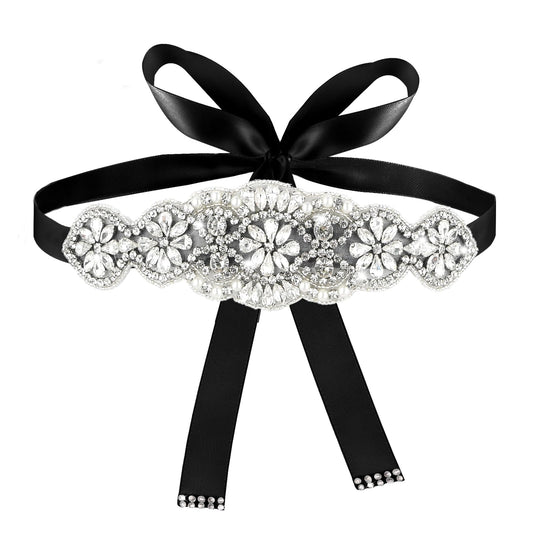 Amaxiu Rhinestone Wide Waist Belt for Women, Bling Wedding Belt(Black Ribbon)