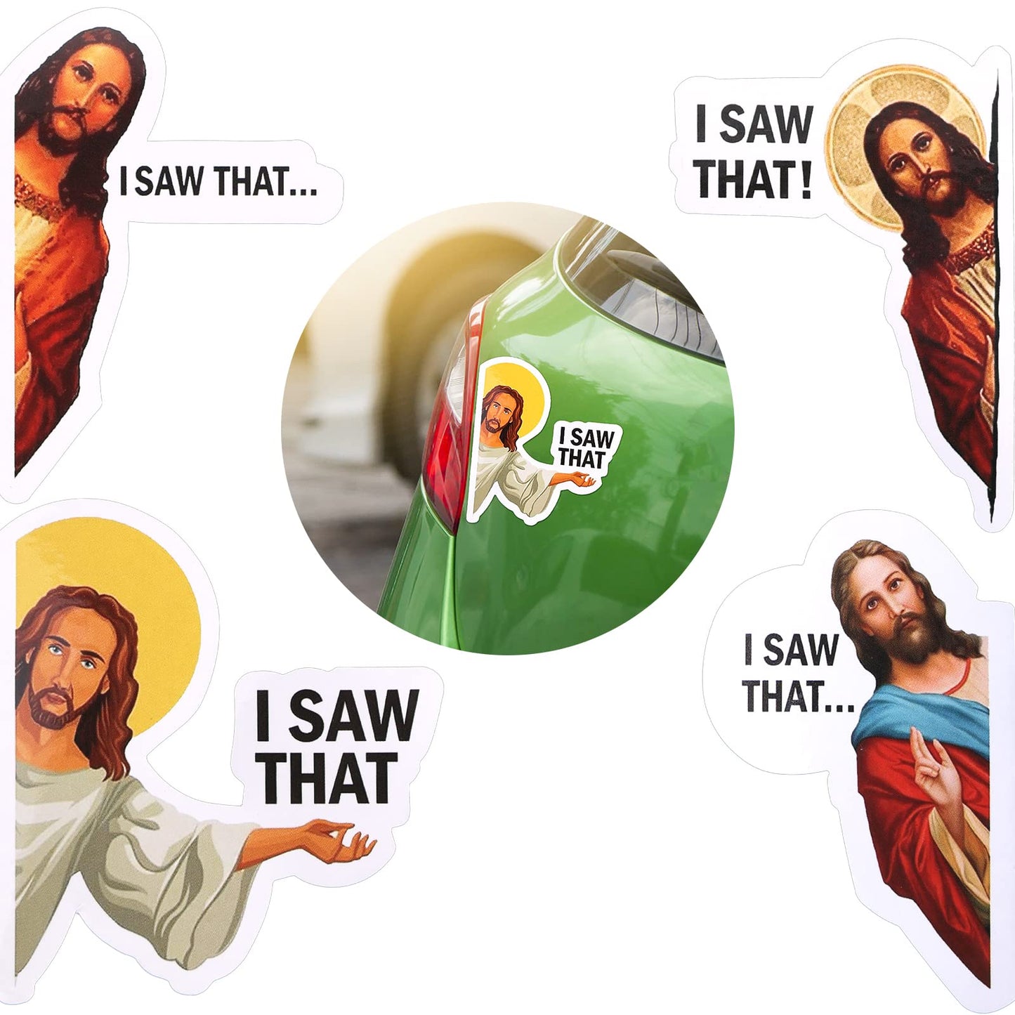 TIESOME 20pcs Jesus I Saw That Car Sticker, 3 Inch Funny Jesus Vinyl Decals Waterproof Inspirational Bumper Sticker Decoration for Truck Window Laptop Water Bottle Backpack, 4 Styles