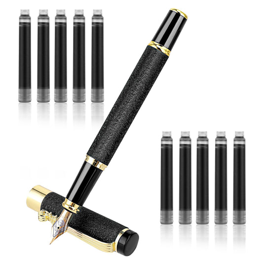 Amaxiu Matte Black Fountain Pen Set, 0.5mm Fine Nib Fountain Pen with 10 2.6mm Ink Cartridges Smooth Writing Luxury Calligraphy Pen Office School Supplies Gift(Black)
