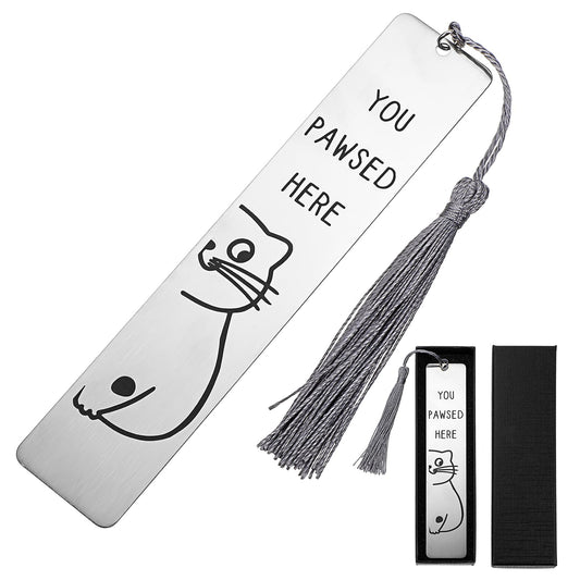 AOZUO Stainless Steel and Metal Bookmark, Cute Cat Pattern, Funny Double Scale Bookmark for Book Lovers, Teachers, Students, Summer Back to School with Pendant, Gift Box (Silver)