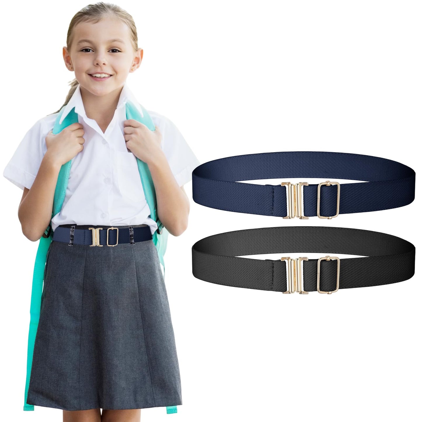 Amaxiu 2 Pcs Elastic Waist Belts for kids, Boys Girls Stretch Waistband Flat Buckle Adjustable Belt for Jeans Pants Skirts(Dark Blue+Black)