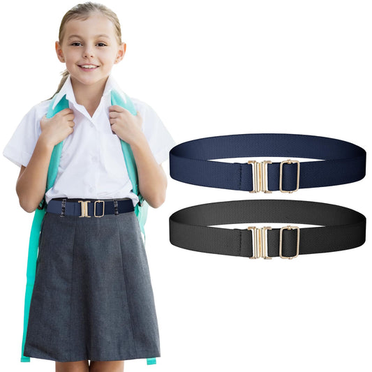 Amaxiu 2 Pcs Elastic Waist Belts for kids, Boys Girls Stretch Waistband Flat Buckle Adjustable Belt for Jeans Pants Skirts(Dark Blue+Black)