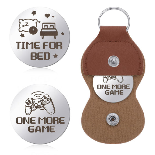 Amaxiu Funny Destiny Decision Coins, Double Sided Flip Coins Decision Maker Coin with Leather Keyring One More Game/ Time For Bed Coin for Game Lover Teens Women Men Couple(A)