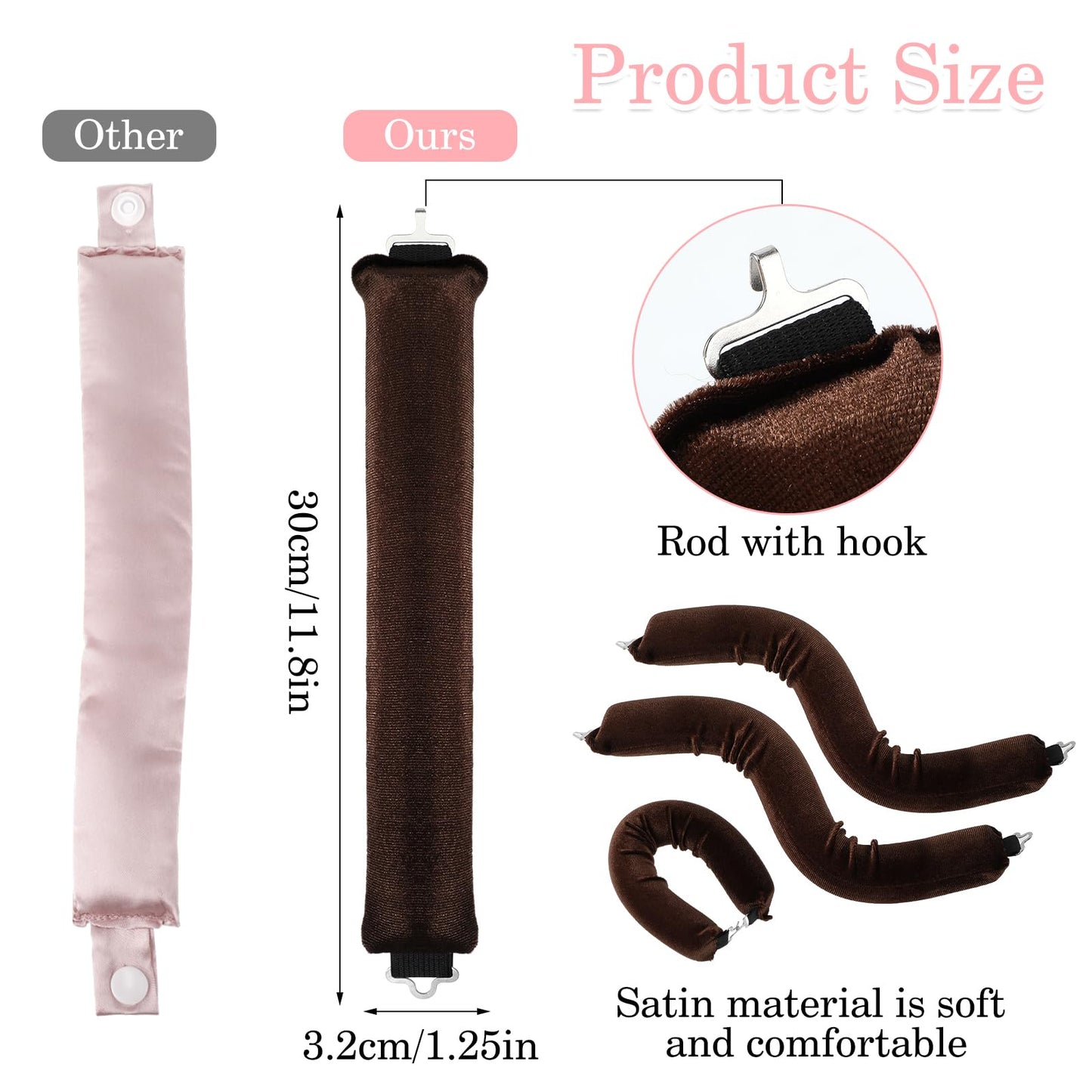 Andibro 3 Pack Heatless Hair Curler, Overnight Heatless Curls Blowout Rods Headband Soft DIY Wave Hair Rollers, Flexi Rods with Hook No Heat Curls to Sleep Styling Tool for Most Hair Types(brown)