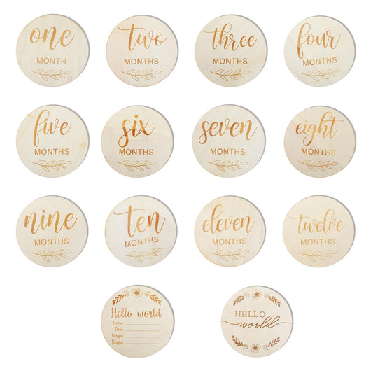 Molain 14Pcs Wooden Baby Name Announcement Sign with Flower Baby Monthly Cards, 1-12 Months Baby Birth Announcement Sign Hello World Newborn Photo Prop for Babies for Baby Shower Party Gift Keepsakes
