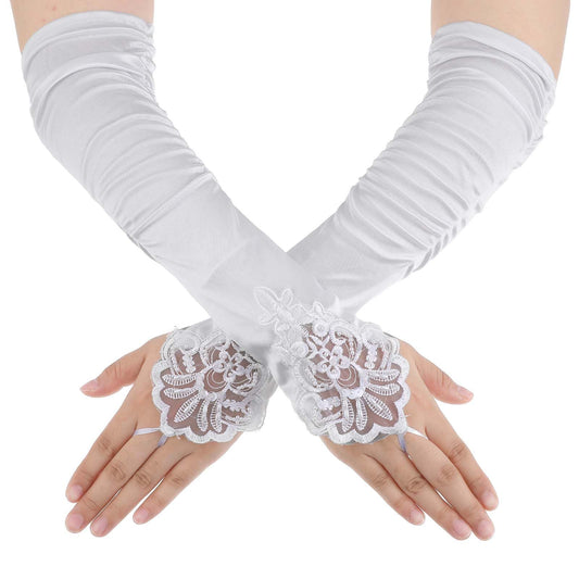 Giantree Women 20s Fingerless Satin Gloves, White Long Opera Gloves with Finger Loops, Formal Bridal Banquet Party Wedding Opera Colorful Mitten, for Women Theme Party Halloween Costume (White)