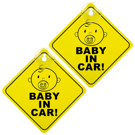 Bewudy 2 PCS Baby on Board Car Warning Sign, Baby on Board Sticker Sign for Car Warning with Suction Cups, Baby in Car Sticker for Car Reusable Baby on Board Sticker Yellow (Baby in Car)