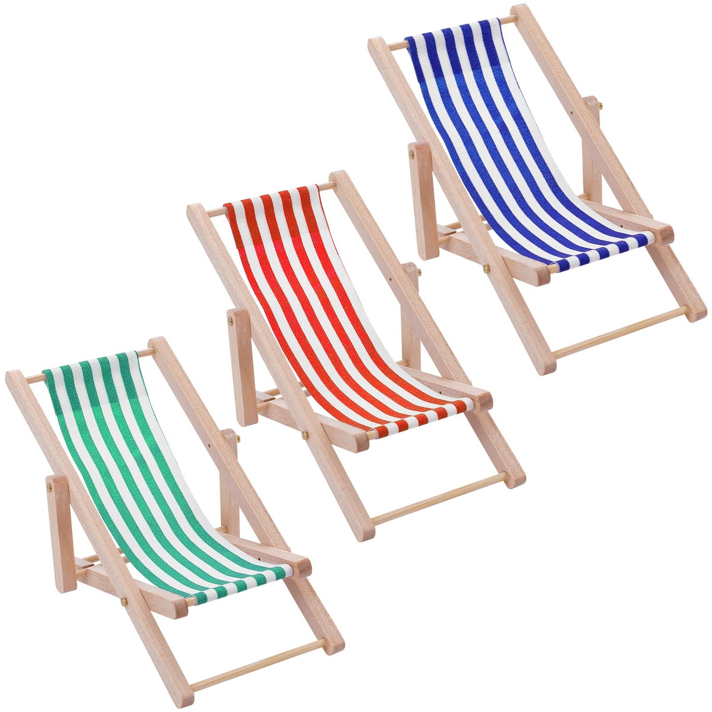 cobee Miniature Dollhouse Beach Chair, 3 Pieces Mini Folding Wooden Beach Chair Dolls House Mini Deck Chair Dollhouse Furniture Accessories for Indoor Outdoor