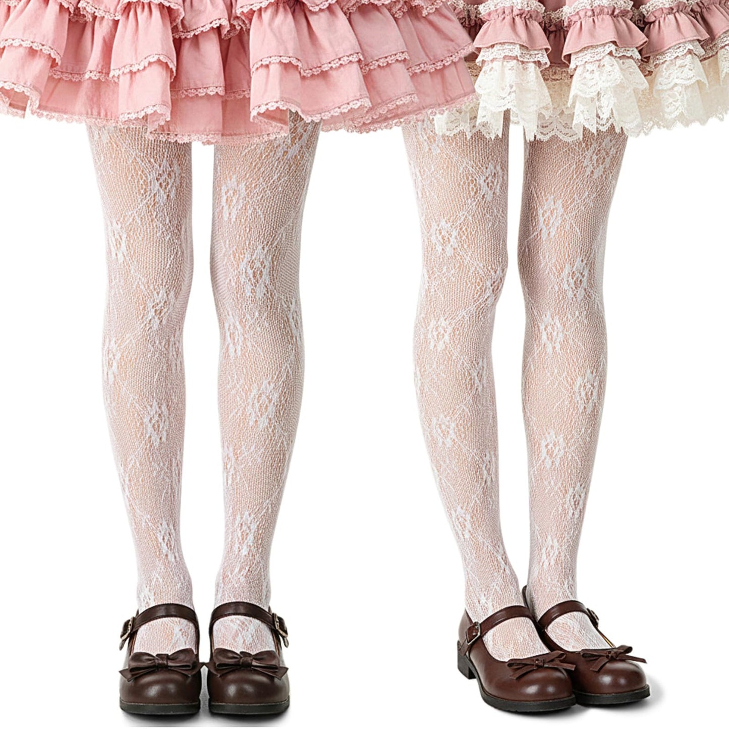 WJIAAA 2 Pair Women's White Floral Lace Tights, Fishnet Stockings With Stretch Sheer Design, Kawaii Pantyhose For Various Outfits, Elegant Patterned Legwear