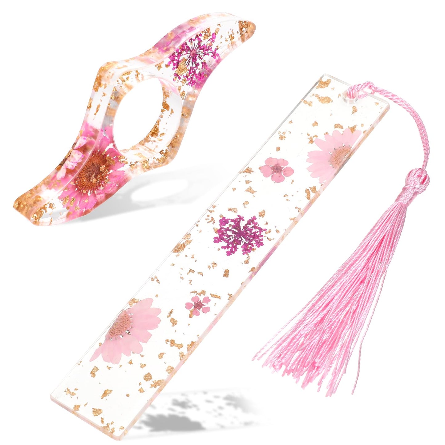 Yuanchu Set of 2 Resin Flowers Bookmark Set, Transparent Thumb Book Page Holder and Personalised Pressed Flowers Bookmark with Tassel, Cute Book Accessories for Reading Lovers, Students, Teachers