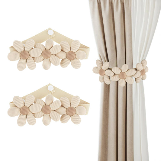 MBAIYO 2Pcs Flower Curtain Ties, Cute Curtain Tiebacks Flower Curtain Holders Curtain Tieback with Buttons for Bedroom Window Treatment Beige White Tie Backs for Curtains