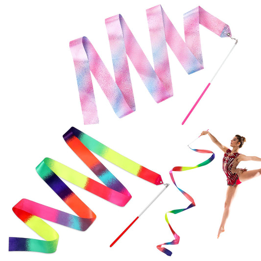 Molain 2 Pcs Dance Ribbons, 78.7 Inch Rainbow Ribbon, Sparkling Dance Ribbon Streamer, Rhythmic Gymnastics Ribbon, Ribbon Dancer Wand for Kids Adults Talent Shows Artistic Dancing Training(Pink)