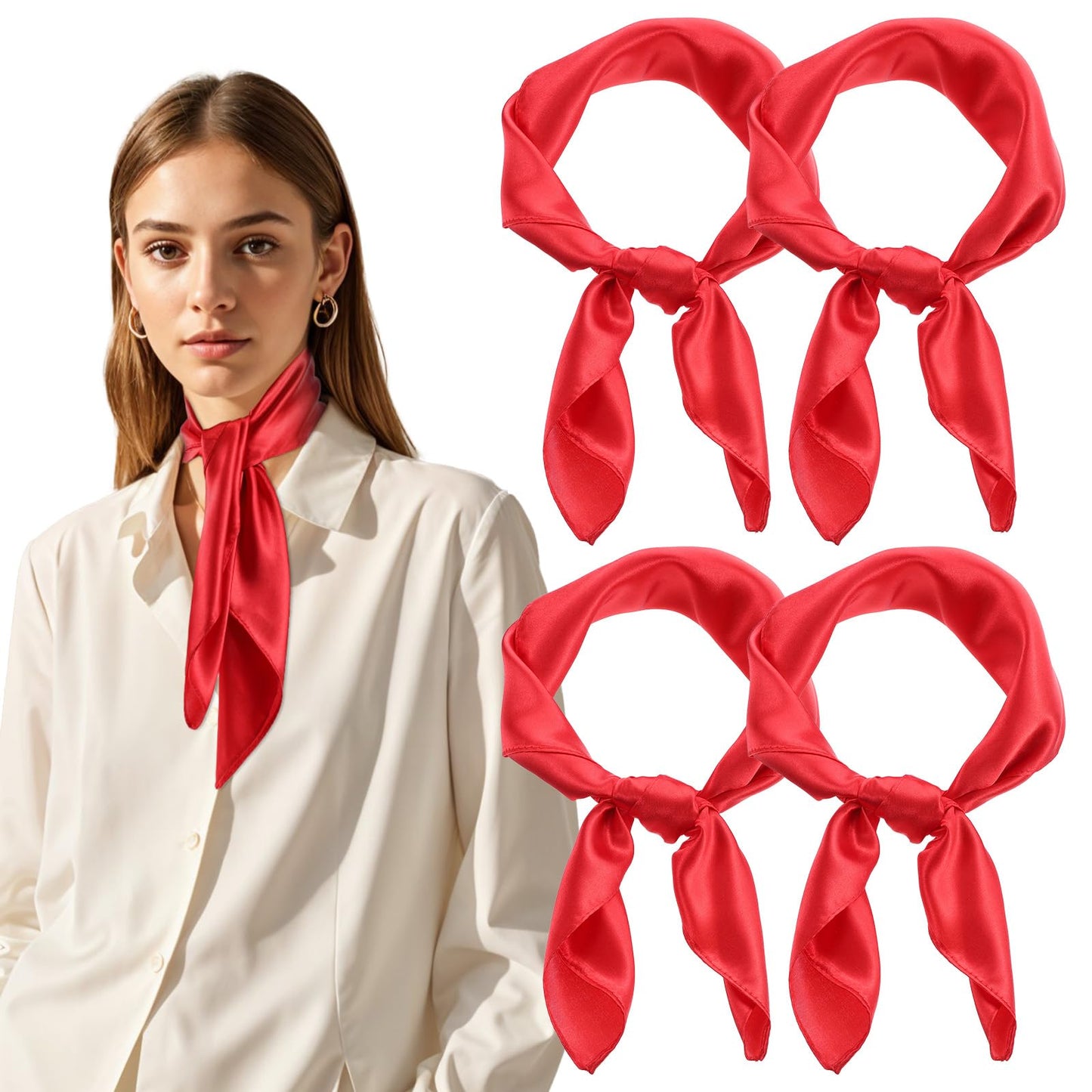 simarro 4Pcs 23.5 Inches Red Silk Feeling Scarf Satin Head Scarves for Women, Fashion Square Neck Scarf Breathable Lightweight Clothing Handbag Accessories