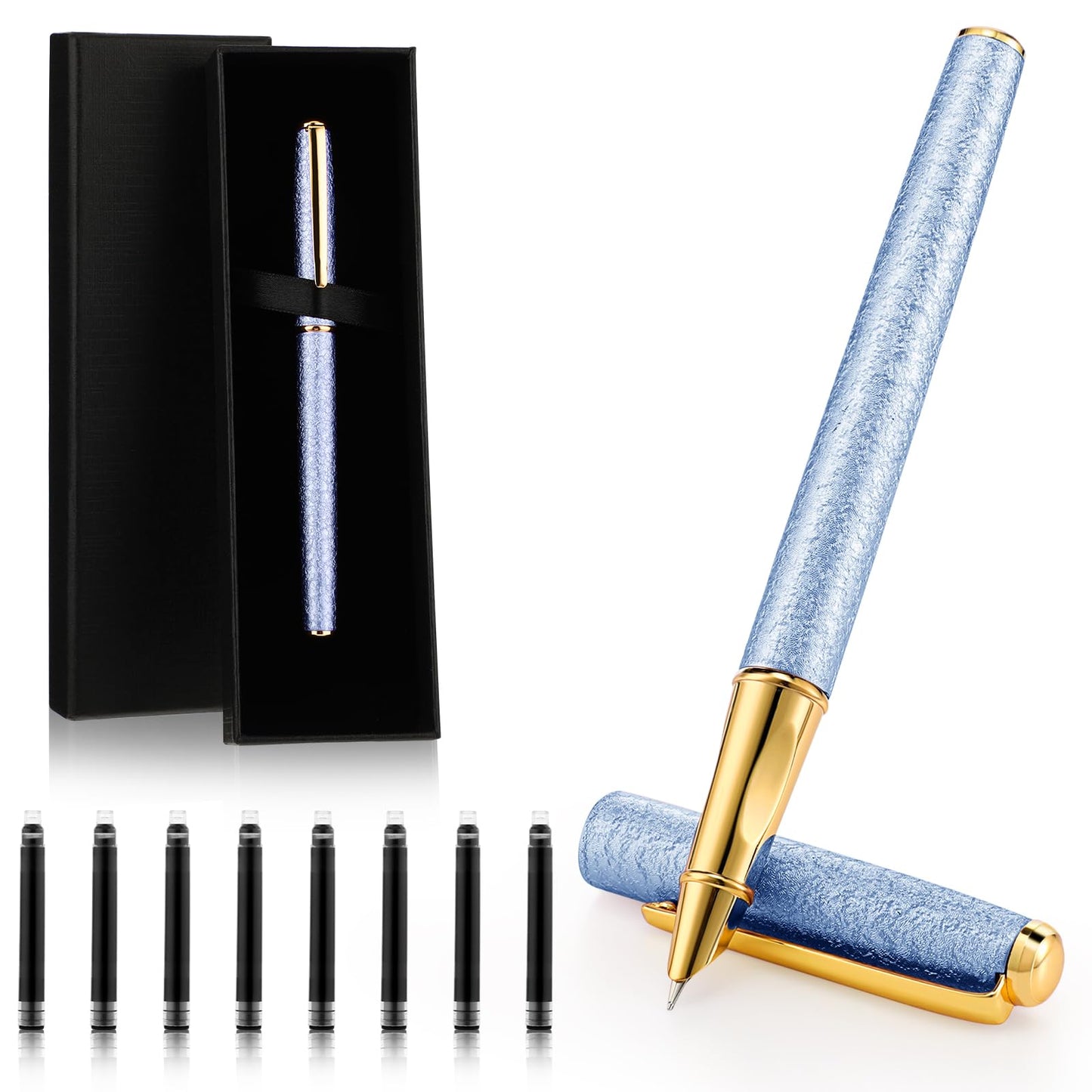 Amabro Metal Fountain Pen Set, 0.5mm Fine Point luxury Pen Calligraphy Pen Smooth Writing Pens with Ink Sac Nice Pen Gift Case for Men Women Professional Executive Office School Journaling(Blue)