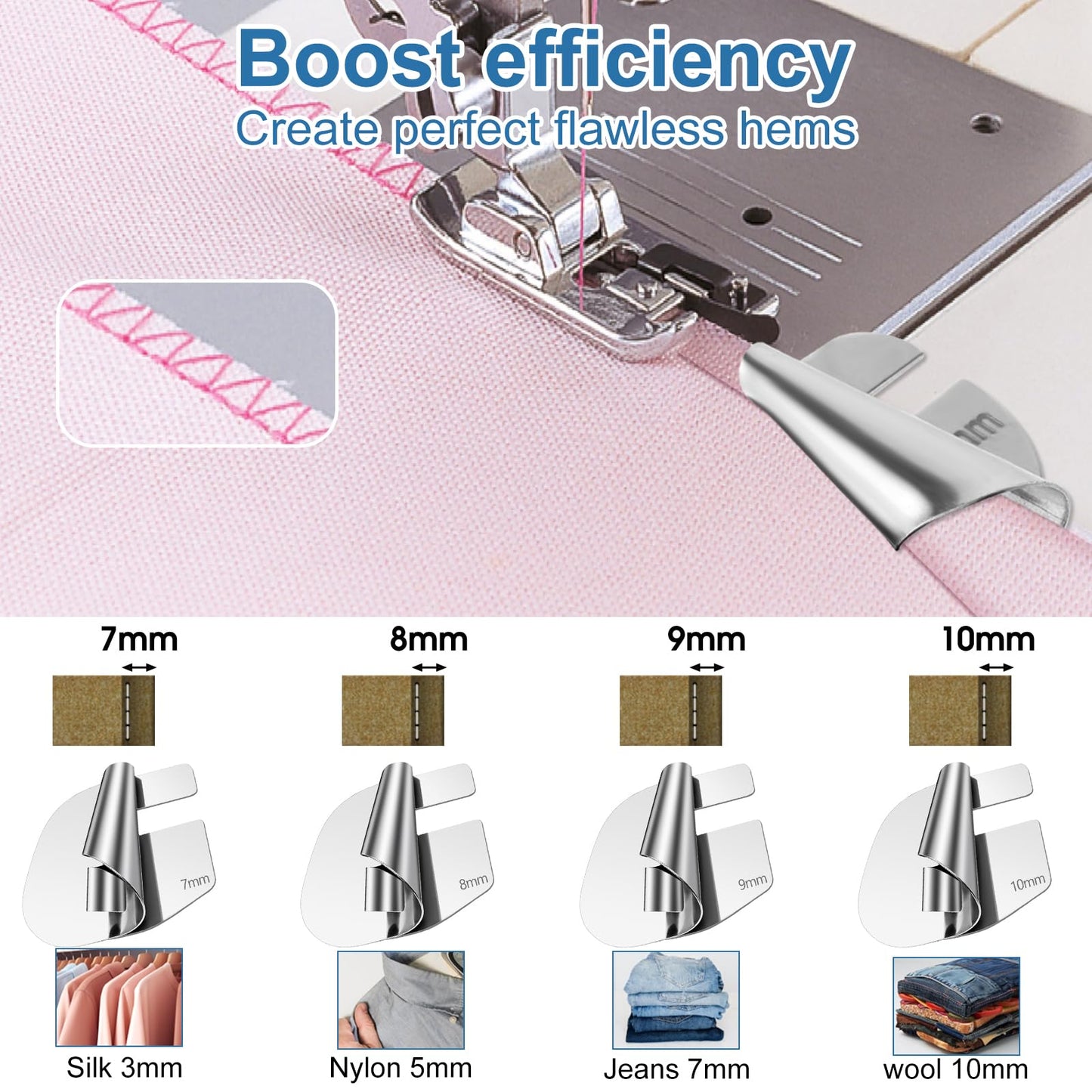 Andibro Sewing Rolled Hemmer Foot 4Pcs (7/8/9/10MM), Rolled Hem Presser Curved Scroll Rolled Hem Foot Foot Sewing Accessories Tools for Home Industrial