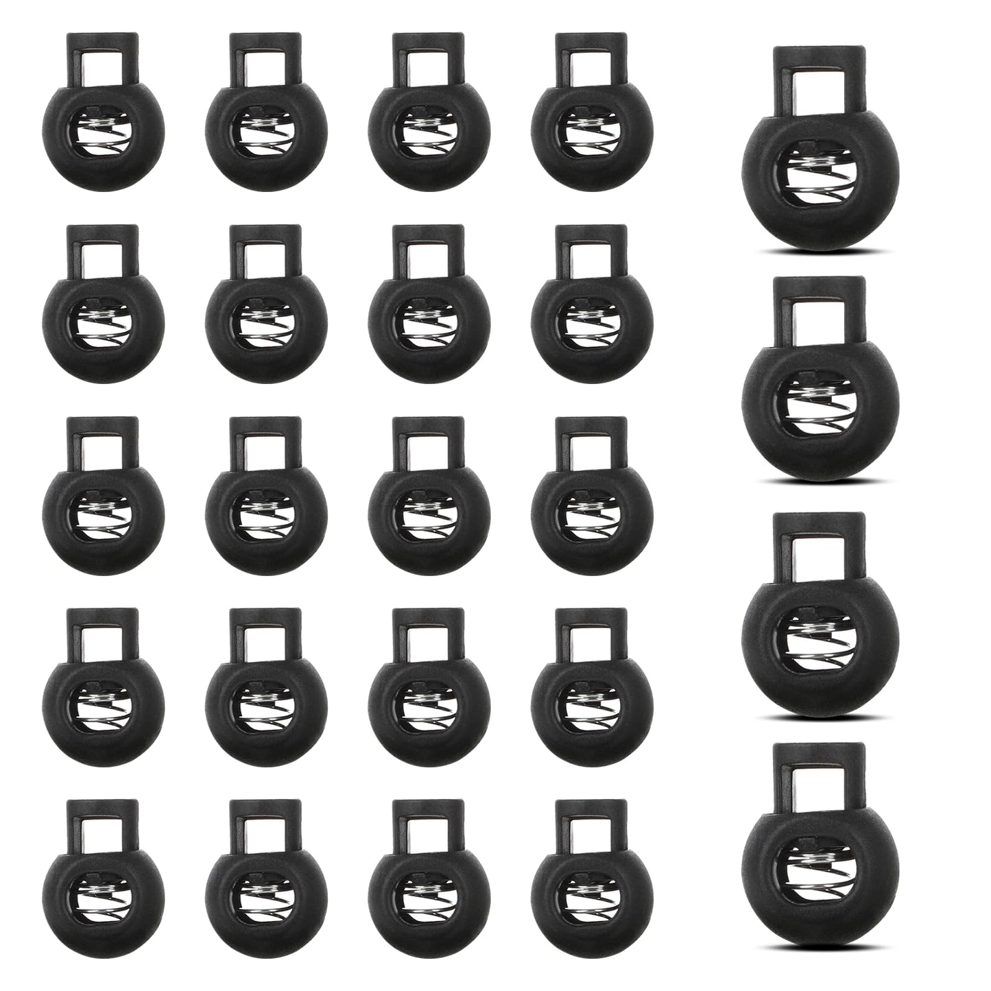 Giantree 24 Pack Round Spring Cord Lock, Black Single Hole Plastic Toggle Stopper for Drawstring Paracord Cord Stop Elastic Shoelace Lock Hats Clothes Bags String Clip Fastener Replacement(24)