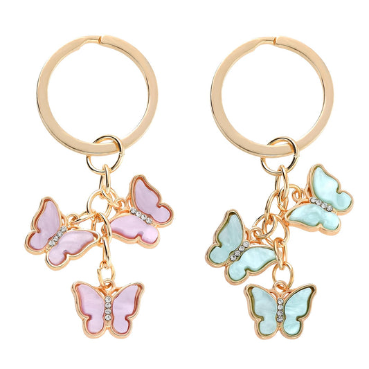 Bewudy 2Pcs Butterfly Keyrings For Women, Cute Keychain Girly Crystal Butterfly Keyring For Girls, Metal Key Ring Small Gift for Key Bag Purse Accessories