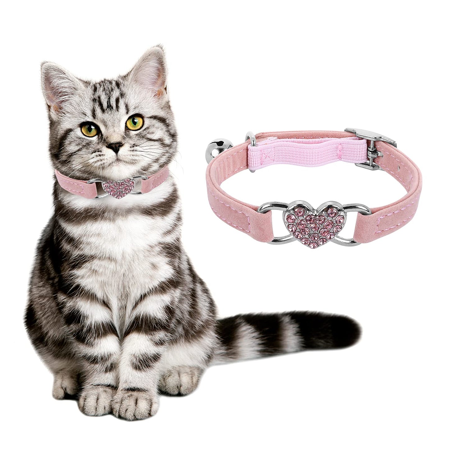cobee Bling Heart Cat Collar with Bell, Adjustable Kitten Collars with Safety Belt Rhinestone Pet Collar for Small Cat Dog(Pink)