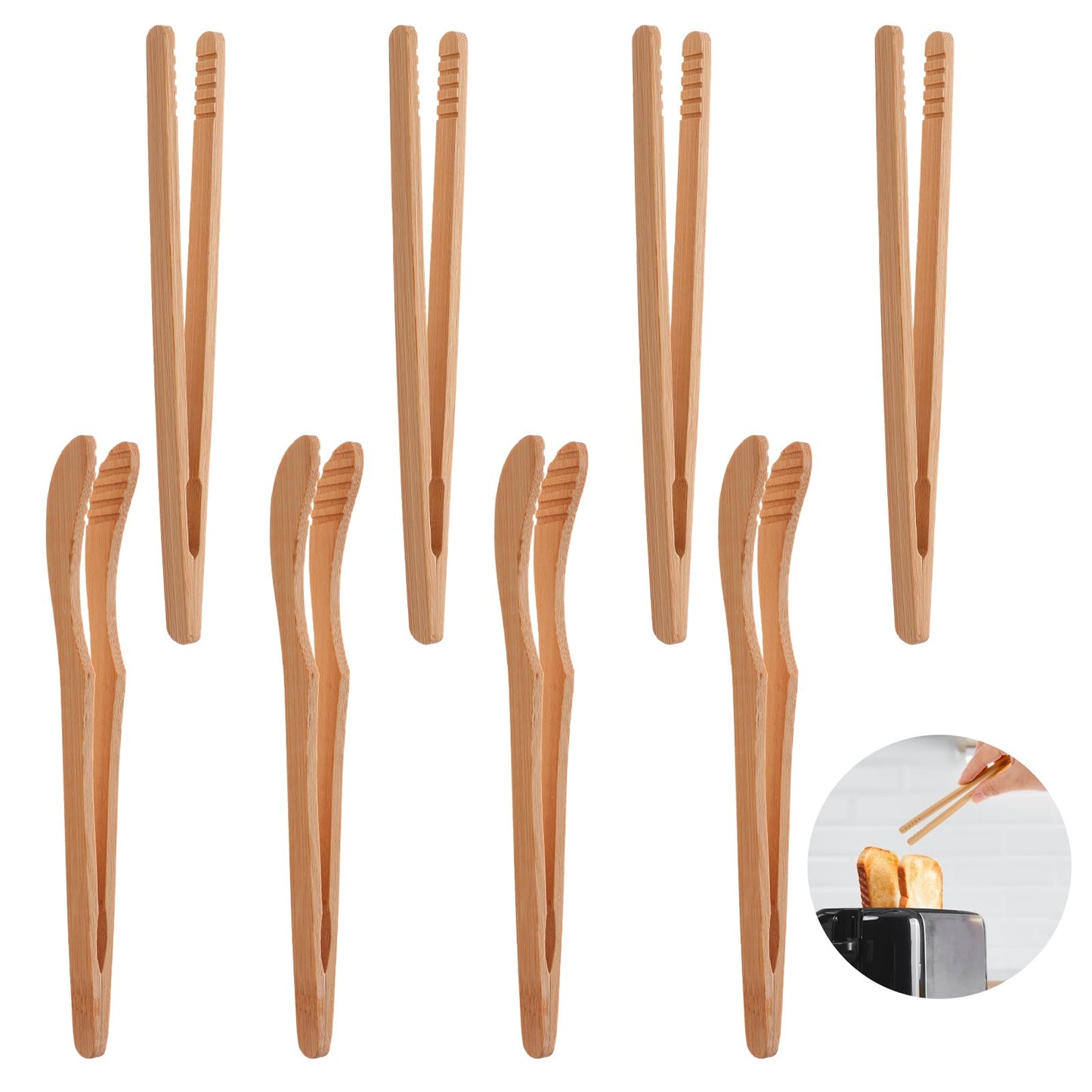 Molain 8Pcs Bamboo Toast Tongs, 7" Long Reusable Kitchen Utensil Tongs with Anti-Slip Design for Toaster Fruits Salad Pasta Grilling and BBQ(Wood 2)