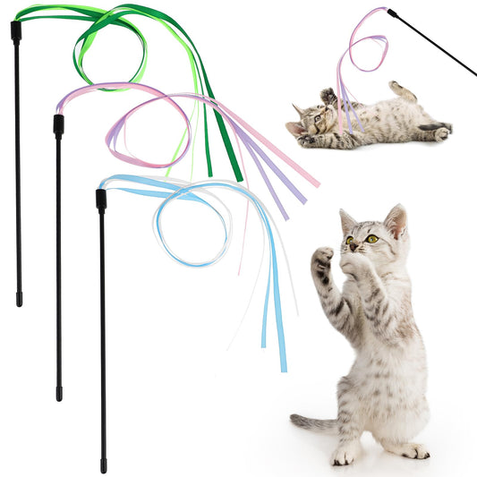 Amaxiu Cat Ribbon Wand Toys, 3pcs Interactive Cat Rainbow Wand String Toys for Indoor Cats Colorful Ribbon Charm for Kittens Teaser Training Exerciser Playing Catcher Accessories