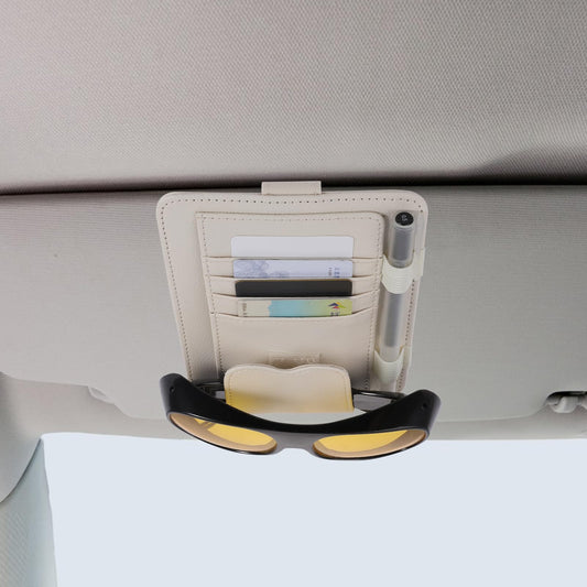 Car Sun Visor Organizer, Leather Sunglasses Holder for Car Sun Visor with Storage Pockets, Auto Visor Case Interior Accessories for Storing Sunglasses Card Pen Invoice(white)