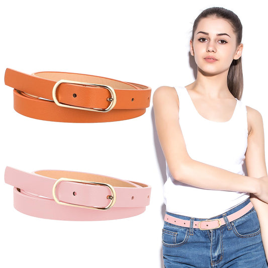 JIEYAO Leather Waist Belt for Girls, Adjustable Kids Thin Belts with Alloy Pin Buckle Skinny PU Waistband for Jeans Dress(Pink + Camel)