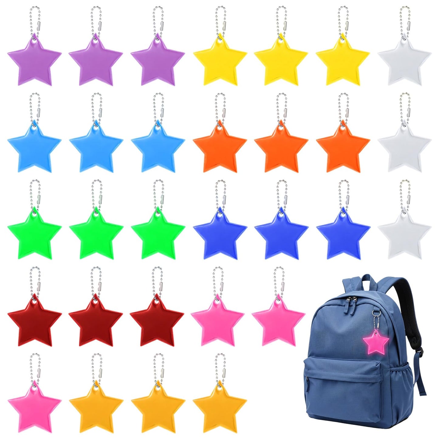 XLIUAX Pack of 30 Safety Reflector Pendants, Star Reflector Pendants, Light Pendants, Party Bags, Children's Birthday for Trailers, School Bag, Backpack, Cycling, Walking, Running