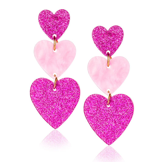 Amaxiu Pink Heart Earrings Dangle, Triple Heart Drop Earrings Cute Love Heart Dangle Heart Dangling for Women Girls Gift(Pink)