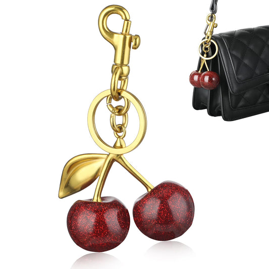 AOZUO Cherry Bag Charm, Cute Cherry Purse Metal Keychain Accessory with Key Rings and Clip Bag Extender Chain Sparkling Resin Charms for Women Purses Bags Handbags Wallets Backpacks, Gold, Red,