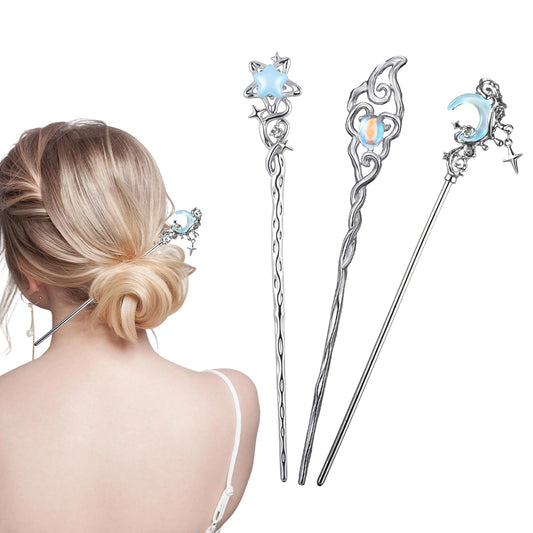 JJUNW 3Pcs Star Moon Hair Sticks, Hairpin Retro Tassel Hair, Silver Vintage Hair Chopsticks Hairpins Decorative Long Hair Styling Accessories for Women Girls Chinese