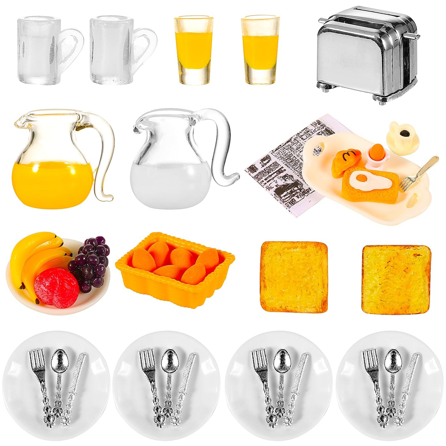 Cobee Miniature Dollhouse Breakfast Scene Set, 44 Pieces Mini Doll House Kitchen Accessories 1:12 Resin Mini Food Model Cake Topper for Dollhouse Decoration Pretend Play